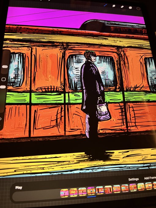 A digital art display on a tablet showing a stylized illustration of a person in a suit standing by a colorful train, with editing tools visible at the bottom.