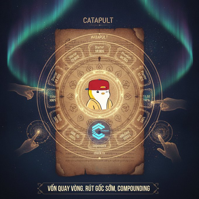 A 'CATAPULT' promotional graphic features a penguin mascot in a red cap on a mystical wheel/tome background with aurora borealis, with Vietnamese text 'VỐN QUAY VÒNG, RÚT GỐC SỚM, COMPOUNDING' at the bottom.
