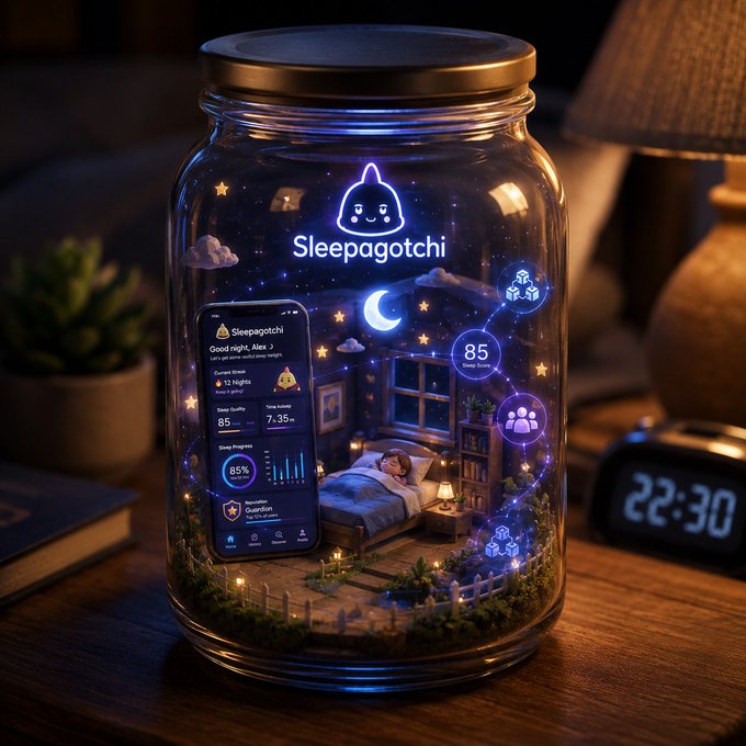 A glass jar containing a miniature bedroom scene with a sleeping figure, labeled 'Sleepagotchi' with neon branding, a smartphone showing sleep stats, and a digital clock reading '22:30' beside it.