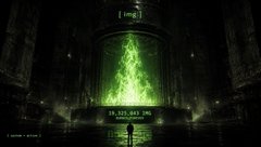 A dark, atmospheric digital art piece showing a silhouetted figure standing before a massive green glowing structure displaying the number '19,323,843,346' and the text 'img'.