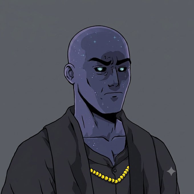 An animated illustration of a bald, purple-skinned male character with glowing blue eyes, starry specks on his skin, and a yellow beaded necklace, wearing dark robes.