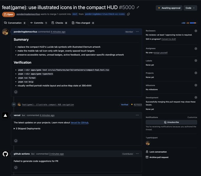 A GitHub pull request page shows a commit titled 'feat(game): use illustrated icons in the compact HUD #5000' by pnderingdemocritus, with comments from 'vercel bot' and 'github-actions'.