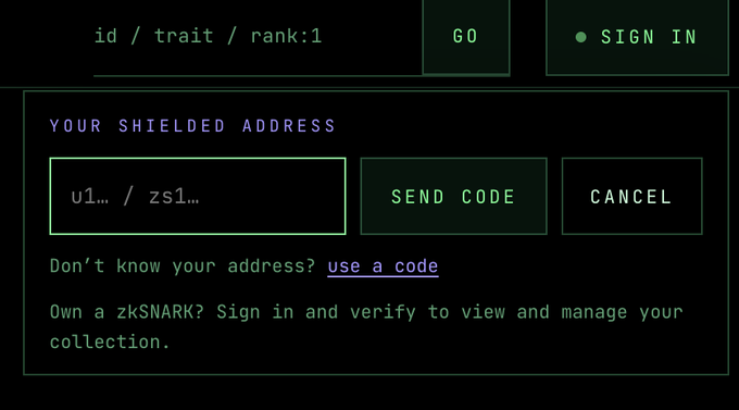 A website interface with a black background and green text prompts users to enter their "SHIELDED ADDRESS" (showing a sample "u1... / zs1..." format) and click "SEND CODE" to recover access, with options to "GO" or "SIGN IN" at the top, directly illustrating the post's advice about using the original receiving wallet to generate a verification code for recovering a zkSNARK-based NFT or whitelist (WL) when standard methods fail due to ZEC address rotation.
