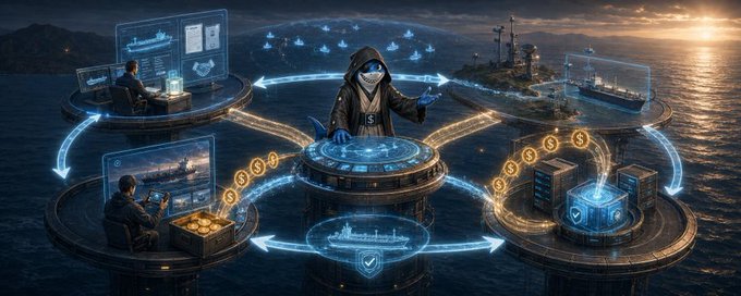 A futuristic digital illustration showing a hooded figure with a mask at a glowing central console, connected by neon blue arrows to satellite hubs containing people trading crypto, a cargo ship, and a secured vault, set against a coastal sunset backdrop.