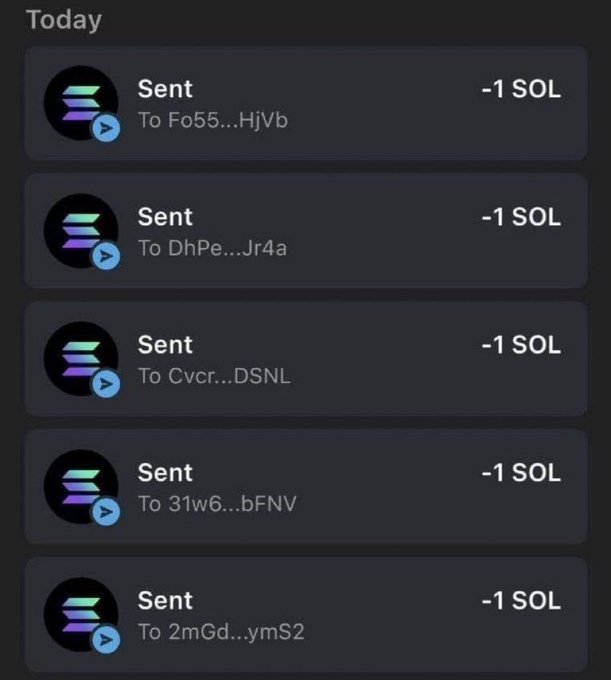 A dark-themed mobile wallet transaction history displays five recent "Sent" transactions today, each showing a deduction of "-1 SOL" to different shortened Solana addresses (Fo55...HJVb, DhPe...Jr4a, Cvcr...DSNL, 31w6...bFNV, 2mGd...ymS2). The image appears to document the giveaway from the accompanying post, showing the sender distributing 1 SOL to multiple wallet addresses as part of the promised distribution.