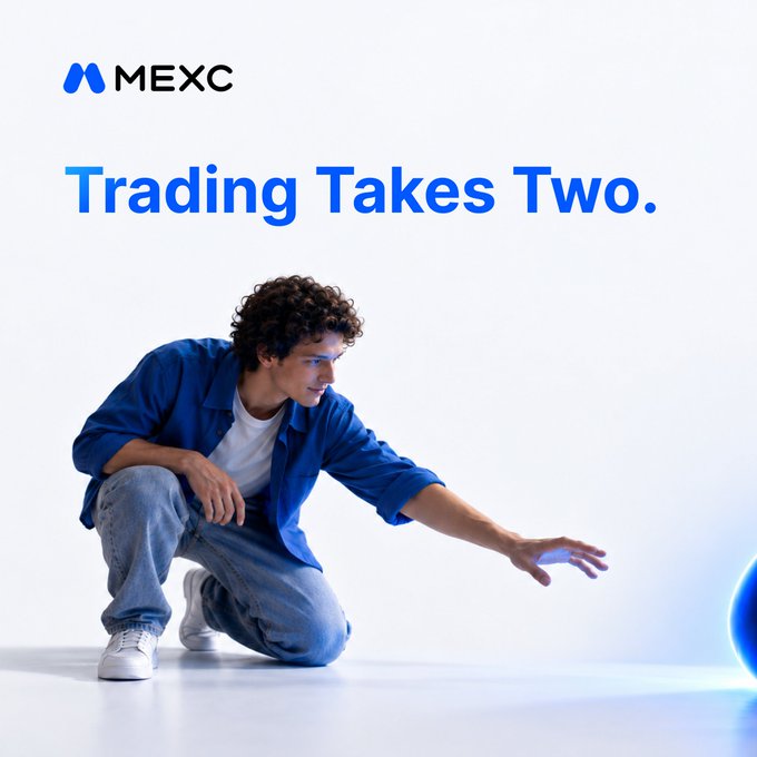 A young man in a blue shirt and jeans crouches and reaches toward a glowing blue sphere, while the text "MEXC" and "Trading Takes Two." appear above him, visually reinforcing the post's message that a new trading partner is on the way.