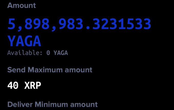 The image shows a crypto swap interface displaying a transaction offering 5,898,983.3231533 YAGA for 40 XRP, with 0 YAGA available in the wallet. This visually confirms the post's claim that 40 XRP can be exchanged for approximately 5.89 million YAGA tokens, illustrating the high token-to-XRP exchange ratio of the YAGA token.