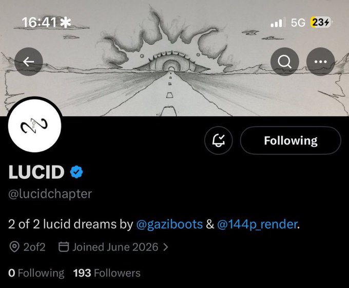 The image shows a social media post from a user named Lucid Chapter. The post features an illustration of a road with a car driving down it, accompanied by a line drawing of a spaceship flying through space. The post includes text that reads "2 of 2 Lucid Dreams by @gaziboots & #14p/ Render. Join us on June 2026 for the first ever #joinedjune2026". The post has been shared by 193 followers and is currently in the process of being posted to Twitter, with a caption indicating it was posted early this morning at 10:41 am.