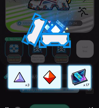 A mobile game interface displaying in-game items including shapes (triangles, diamonds) with quantities x3 and x17, along with a loot box and game currency.