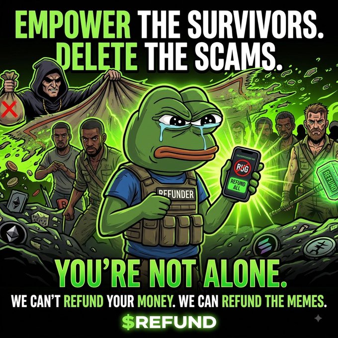 A meme poster featuring a crying Pepe the Frog wearing a 'REFUNDER' vest, with the text 'EMPOWER THE SURVIVORS. DELETE THE SCAMS. YOU'RE NOT ALONE. WE CAN'T REFUND YOUR MONEY. WE CAN REFUND THE MEMES. $REFUND' alongside a phone showing a red 'RUG' button.