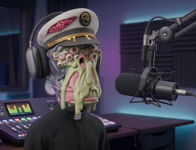 A surreal 3D rendering of a creature with multiple eyes and green dripping slime wearing a captain's hat and headphones, sitting at a recording studio desk with a microphone.