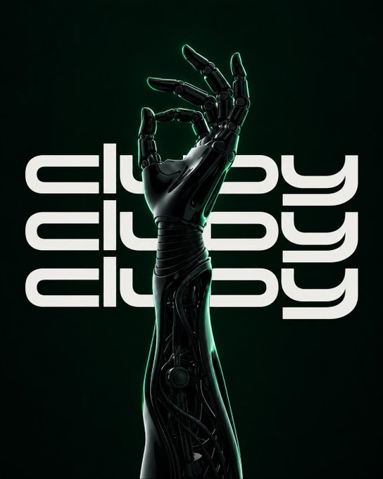 A sleek black robotic hand reaches upward against a dark green background, positioned in front of large white text that reads 'cluby cluby cluby'.