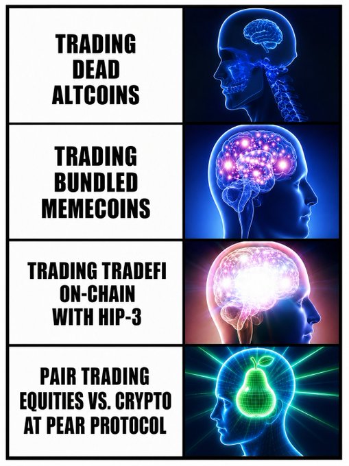 A four-panel 'expanding brain' meme about crypto trading evolution: dead altcoins → bundled memecoins → TradFi on-chain with HIP-3 → pair trading equities vs crypto at Pear Protocol.