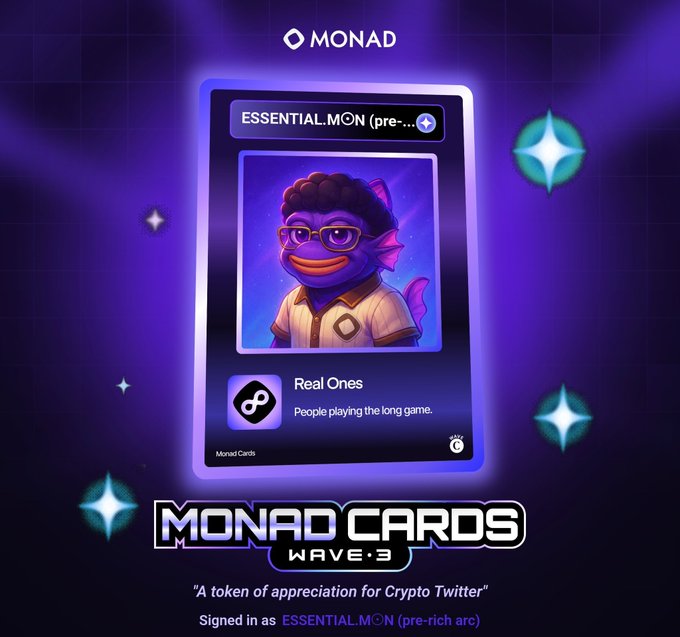 A promotional graphic for 'MONAD CARDS WAVE 3' featuring a digital NFT card with a purple fish-like character wearing glasses, labeled 'ESSENTIAL.M0N (pre-... arc)' and 'Real Ones' on a purple background with diamond logos.