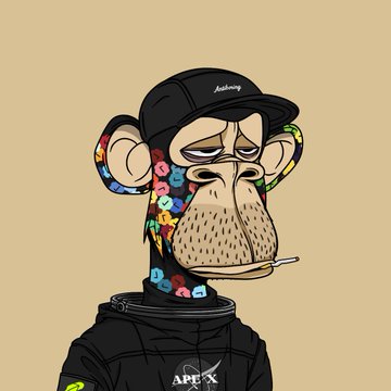 Cartoon NFT-style illustration of a bored-looking Bored Ape wearing a black hoodie with 'APEX' logo and a black cap, smoking a cigarette.