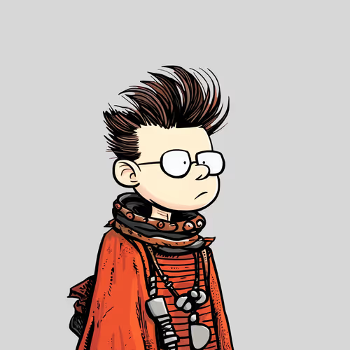 A 2D illustration of a pale character with spiky brown hair, round glasses, a studded black collar, and a tattered orange coat, set against a plain gray background.