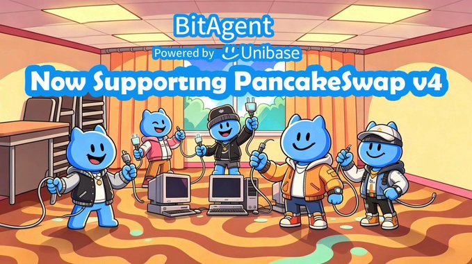 The image features a cartoon scene with five blue cat characters standing together, each holding a computer mouse or keyboard. The cats are dressed in various outfits, including hats and jackets. They appear to be engaged in some sort of activity related to computers or technology. In the background, there is a banner that reads "BitAgent Now Supports @PancakeSwap V4 @Unibase_AI's BitAgent has been upgraded. Launch your token → Build internal market curve → When the internal market graduates, liquidity now automatically migrates to PancakeSwap V4 pools (instead of V3). Seamless flow: Launch →". The image also includes text that reads "Now supporting PancakeSwap v4", indicating that the BitAgent platform is being used for PancakeSwap.