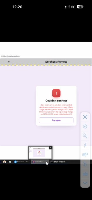 The image shows a screenshot of a SoloHost Remote interface displaying a "Couldn't connect" error pop-up with details about a server selection error (EADDRINUSE), which illustrates the connection failure issue that Pi Network pioneers face when using node version 0.6.2. The accompanying caption explains that closing Pi Desktop and waiting 3-5 minutes allows the container's services to fully load, resolving this connection problem.