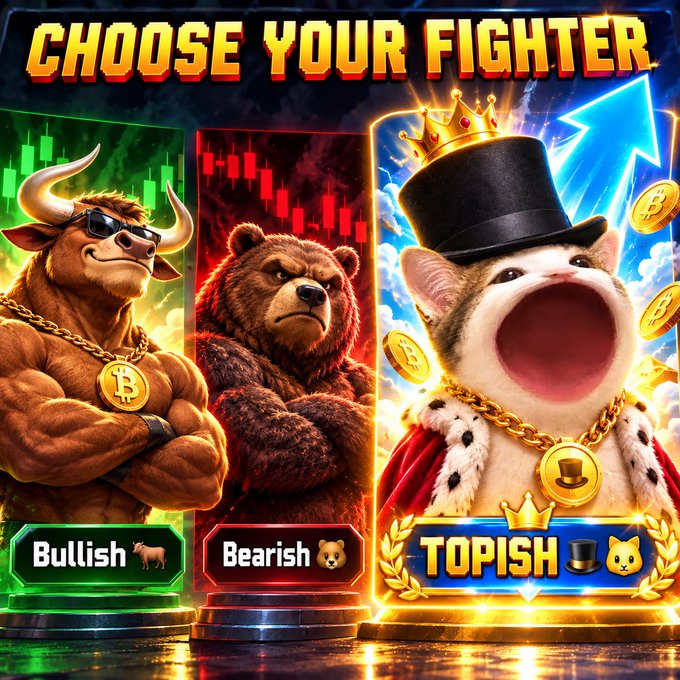 A vibrant graphic titled 'CHOOSE YOUR FIGHTER' featuring three crypto-themed characters: 'Bullish' (a muscular bull with Bitcoin chain), 'Bearish' (a brown bear), and 'TOPISH' (a crowned doge in royal attire).