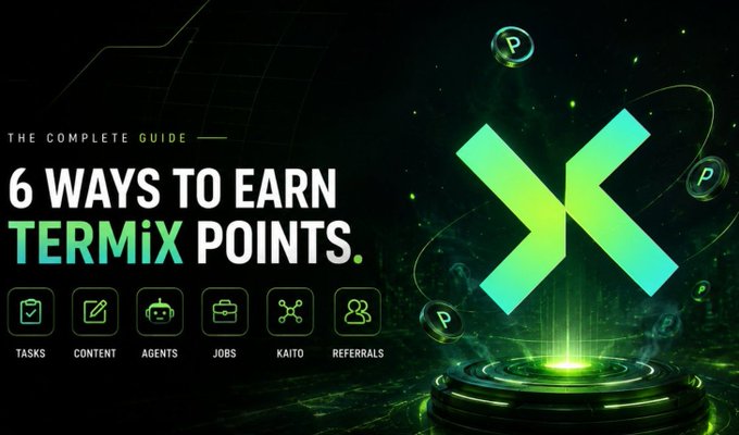 A dark graphic titled 'THE COMPLETE GUIDE — 6 WAYS TO EARN TERMIX POINTS' showing six icons labeled Tasks, Content, Agents, Jobs, Kaito, and Referrals.