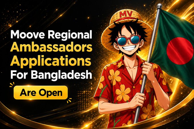 A promotional graphic featuring an anime-style character in a Hawaiian shirt, straw hat with "MV" letters, and sunglasses holding the Bangladesh flag, announcing "Moove Regional Ambassadors Applications For Bangladesh Are Open" against a sparkly gold background. The image visually reinforces the post's message about the urgent deadline for the Moove Digital Ambassador program in Bangladesh.
