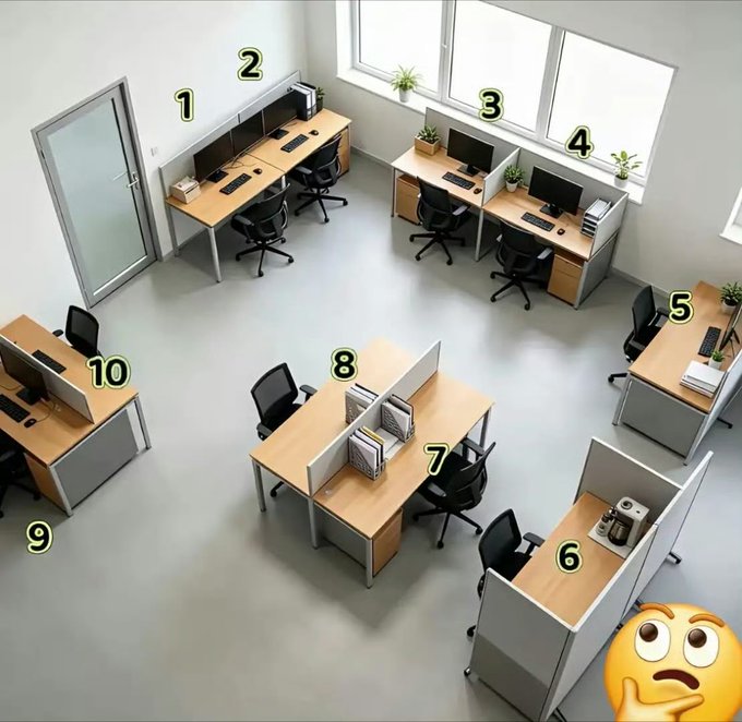 An office space with numbered workstations labeled 1-10, featuring desks with computers, office chairs, and plants, with a thinking face emoji in the corner.