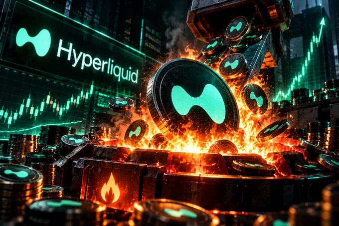 A dynamic 3D promotional image for Hyperliquid cryptocurrency, featuring teal-colored coins with the platform's logo emerging from flames, with stock charts in the background.