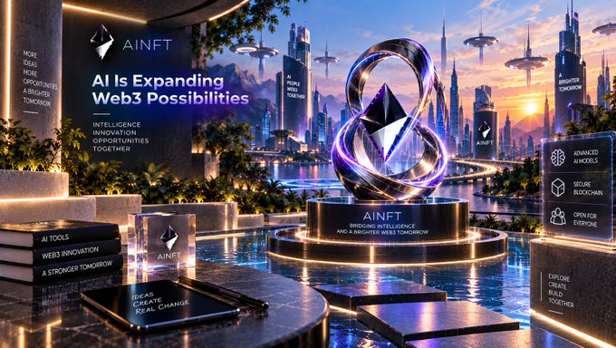 A futuristic promotional graphic for AINFT reads 'AI Is Expanding Web3 Possibilities' and 'Bridging Intelligence and a Brighter Web3 Tomorrow,' featuring a glowing Ethereum-like logo against a sci-fi cityscape.