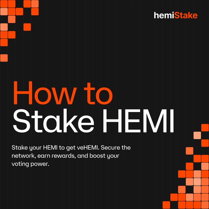 An instructional graphic titled 'How to Stake HEMI' from hemiStake, explaining that users can stake HEMI to get veHEMI to secure the network, earn rewards, and boost voting power.