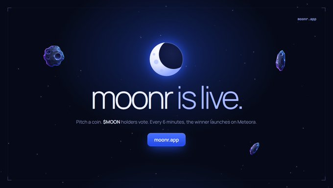 A landing page for 'moonr is live' featuring a crescent moon logo against a starry background, stating users can pitch a coin and $MOON holders vote every 6 minutes on Meteora.