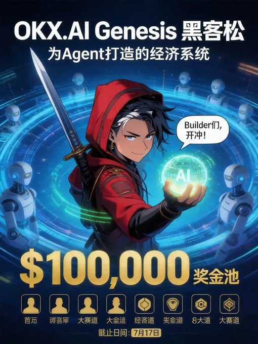 A promotional poster for the "OKX.AI Genesis 黑客松" hackathon features an anime-style character in a red hood holding a sword and an "AI" orb, with robot figures in a futuristic background. The poster highlights a $100,000 prize pool and tracks including 首充, 录音棚, 大赛道, 大金池, 经营道, 奖金道, 8大道, and 大赛道, with a deadline of 7月17日.