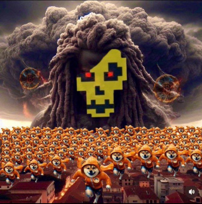The image features a large group of dogs wearing orange hoodies, running through an urban cityscape with buildings and other elements typical of a city environment. The caption for this image reads "$DOG FOREVER AND FOR EVERYONE".