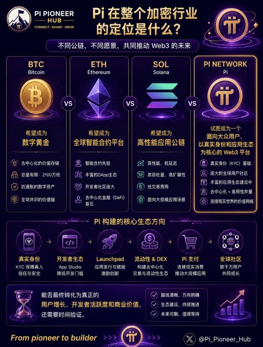 A Chinese-language infographic from Pi Pioneer Hub comparing BTC, ETH, SOL, and Pi Network positioning in crypto, with sections on Pi's core ecosystem direction including real identity, developer ecosystem, Launchpad, liquidity & DEX, Pi payments, and global community.