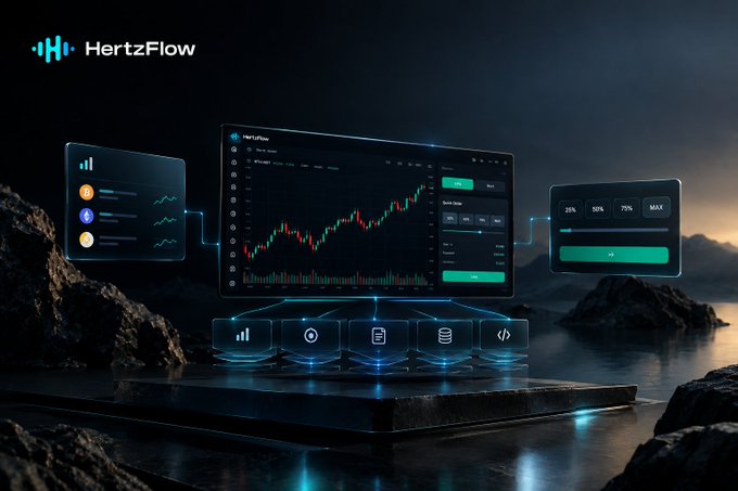 A marketing image for HertzFlow displaying a trading platform interface with candlestick charts and user analytics panels against a dramatic dark landscape background.