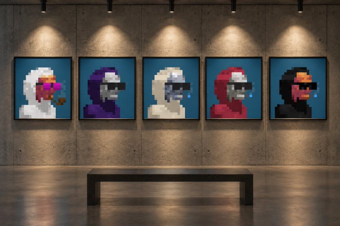 An art gallery display featuring five pixel-art style framed portraits of hooded skeleton characters (CryptoPunks-style) in different color schemes (white, purple, cream, red, black), illuminated by spotlights above a bench.