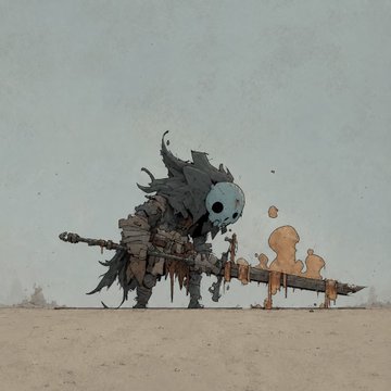 A hooded, masked figure wielding a massive battle-worn sword stands against a muted sky, with rust-colored splatters suggesting recent combat—this piece appears to be from the WastelandRH NFT collection, fitting its gritty, post-apocalyptic aesthetic.