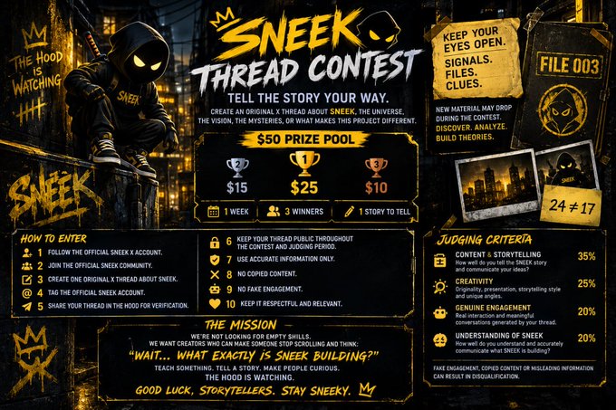 A promotional flyer for the 'SNEEK THREAD CONTEST' with a $50 prize pool, featuring instructions, judging criteria, and a hooded mascot character with 'The Hood is Watching' text.