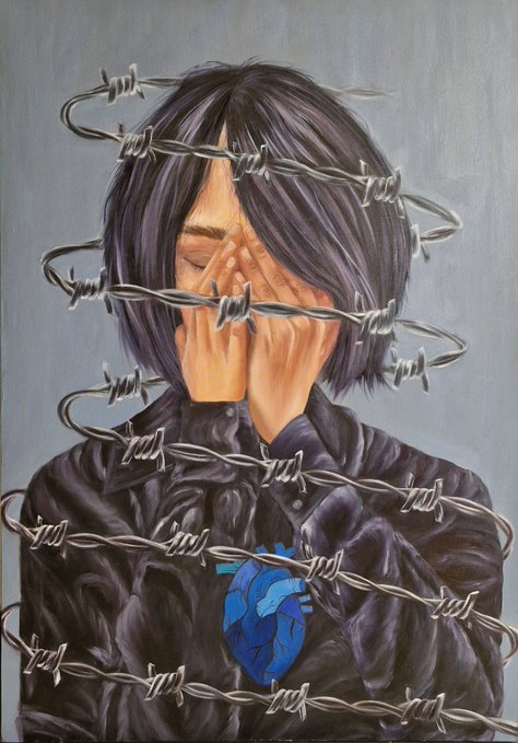 Painting of a young person with dark hair covering their face with their hands, wrapped in barbed wire, wearing dark clothing with an anatomical blue heart visible on their chest.