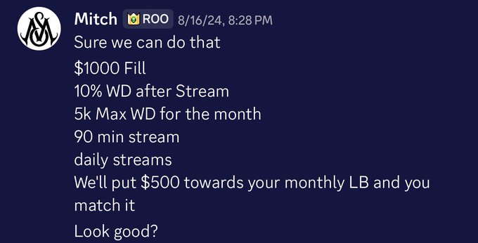 Discord message from user Mitch dated 8/16/24 proposing sponsorship terms: $1000 fill, 10% withdrawal after stream, 5k max withdrawals, 90 min streams, daily streams, and $500 monthly leaderboard match.