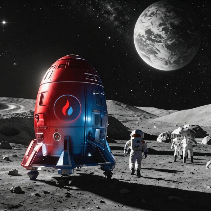 A red and blue spaceship marked with a water drop/fire logo lands on a lunar surface as astronauts explore the rocky terrain with Earth visible in the starry sky, symbolizing the ambitious spirit of taking ideals to farther places beyond conventional boundaries, fitting the "GM Effort" and "#HTXDAO" message of pushing boundaries and reaching new frontiers.