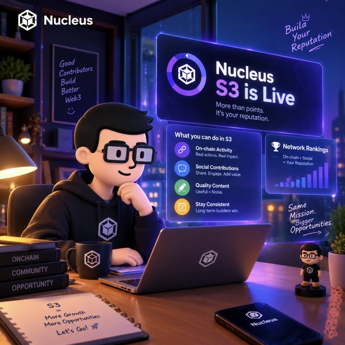 A promotional graphic for 'Nucleus S3 is Live' featuring a cartoon character at a laptop, with text highlighting 'What you can do in S3' including 'On-chain Activity,' 'Social Contributions,' 'Quality Content,' and 'Stay Consistent,' plus 'Network Rankings.'