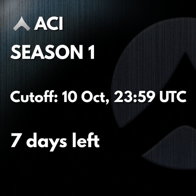 A promotional graphic for 'ACI SEASON 1' with a cutoff date of 10 Oct, 23:59 UTC, noting '7 days left' against a dark background.