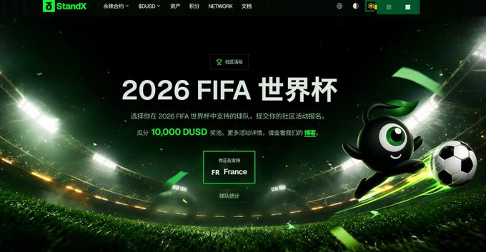 The image shows a StandX promotional webpage for the "2026 FIFA World Cup" event, featuring a green football-themed design with a mascot kicking a soccer ball. The page highlights a 10,000 DUSD reward pool and shows that "FR France" has been selected as the supported team, aligning with the post about the user choosing France for the World Cup event.