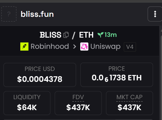 The image shows a trading interface for the token "bliss.fun" (ticker: BLISS) trading against ETH on Uniswap V4 via Robinhood, with a price of $0.00004378, $64K liquidity, and a $437K market cap/FDV. It appears to be shared as part of a giveaway promotion offering $10 to active participants, likely to promote the BLISS token trading pair.