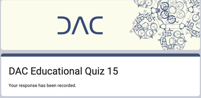 The image displays a slide for "DAC Educational Quiz 15" with the DAC Chain logo, confirming that the quiz response has been recorded and notifying participants of their quiz completion.