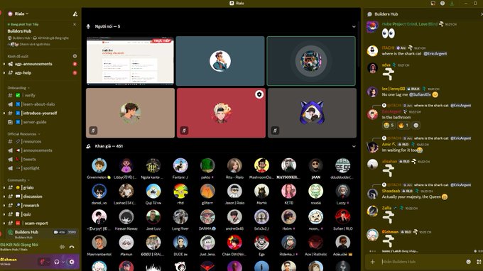 A Discord server interface for Rido, showing a Builders Hub channel with 5 online members, NFT avatar collections, and community chat channels on the left sidebar.