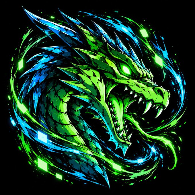 A vibrant digital illustration of a green and blue dragon with glowing eyes against a black background.