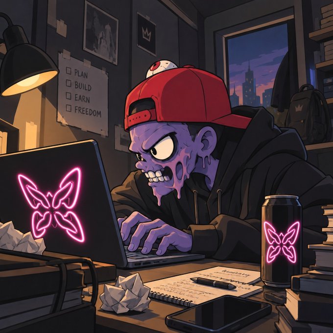 A digital illustration of a purple-skinned zombie-like character wearing a red cap and black hoodie on a laptop with a glowing pink butterfly design, in a dark room with a checklist reading 'PLAN, BUILD, EARN, FREEDOM' on the wall.
