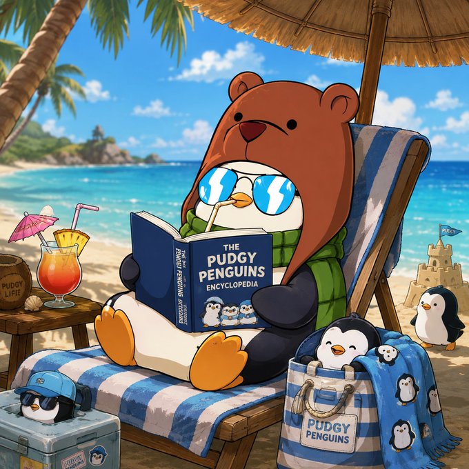 A cartoon illustration of a penguin wearing a bear hat and sunglasses, reading 'THE PUDGY PENGUINS ENCYCLOPEDIA' while relaxing on a beach chair, with other penguins and Pudgy Penguin merchandise nearby.