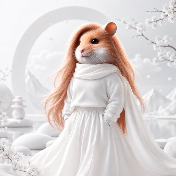 An anthropomorphic hamster with long flowing orange hair wearing an elegant white dress and scarf stands in a serene, ethereal landscape with cherry blossoms and a large moon in the background.